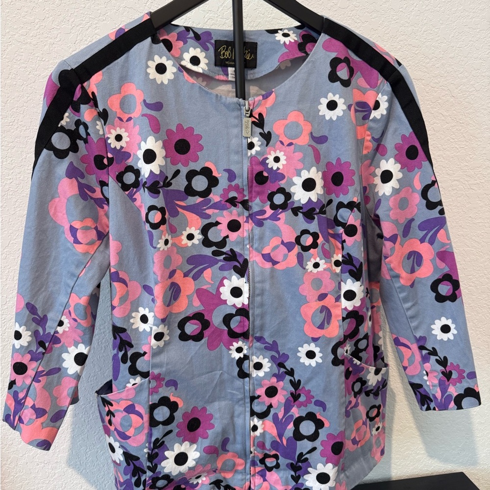 Bob Mackie Lavender Floral Zip-Front Jacket with Pink & Black Accents